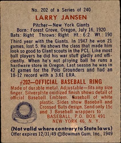 1949 Bowman 202 Larry Jansen New York Giants (Baseball Kártya) EX Óriások