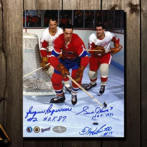 Gordie Howe & Floyd Smith kontra Jacques Laperriere Tripla Dedikált 8x10 Fotó - Dedikált NHL-Fotók