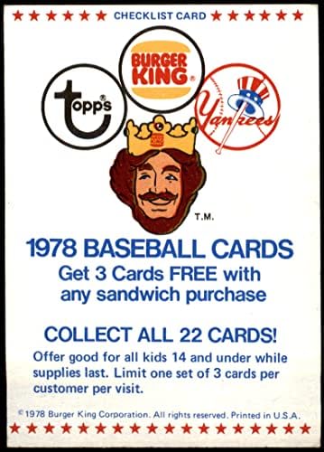 1978 Burger King Lista New York Yankees (Baseball Kártya) VG Yankees