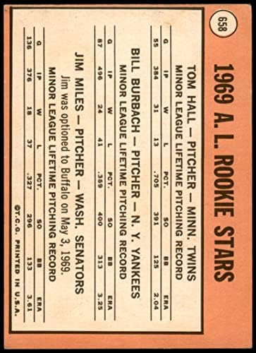 1969 Topps 658 AL Újoncok Bill Burbach/Tom Hall/Jim Km Ikrek/Yankees/Szenátorok (Baseball Kártya) VG/EX Ikrek/Yankees/Szenátorok