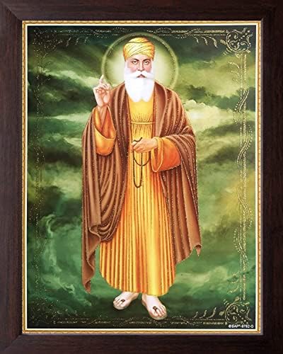 BBRATS Guru Nanak Dev ji Fali Dekor Posztert, Festményt, Sík Barna Keret (30 X 23.5 X 1,5 cm_ Barna Fa)