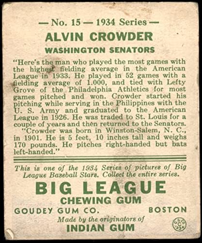 1934 Goudey Rendszeres Baseball card15 alvin crowder a Washington Senators Jó Minőségű